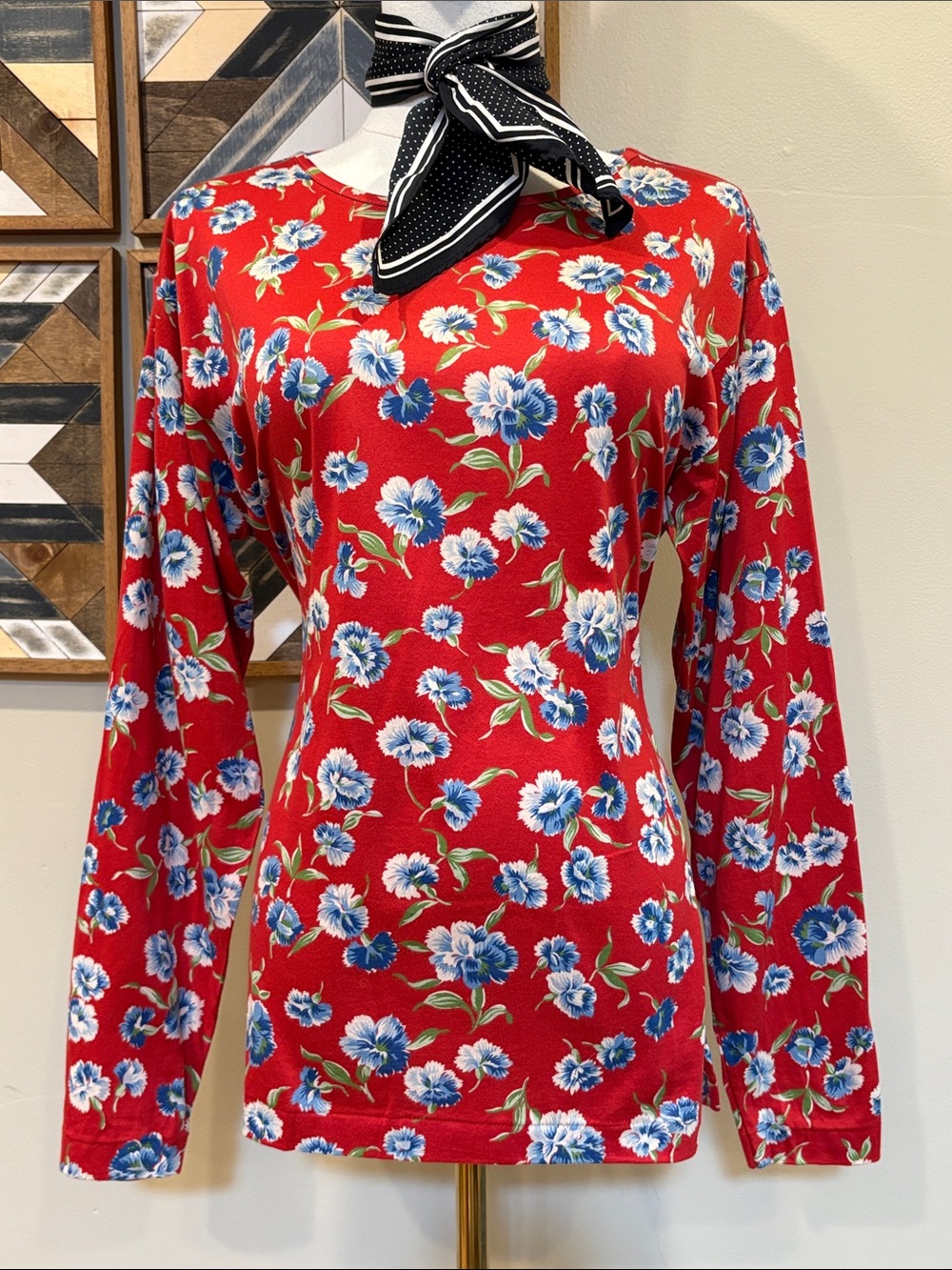 Vintage Ralph Lauren Blue Label Red Floral Cottagecore Long Sleeve Cotton Top